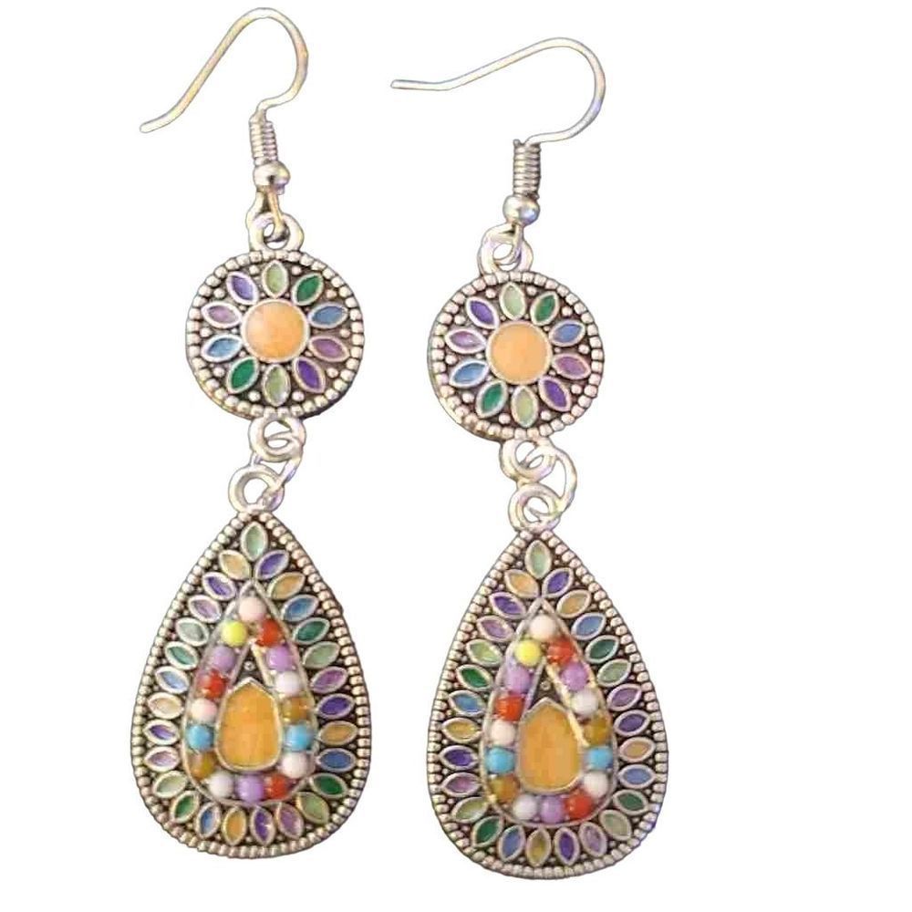 Bohemian Silver Alloy Multi-Colored Enamel Dangle Earrings